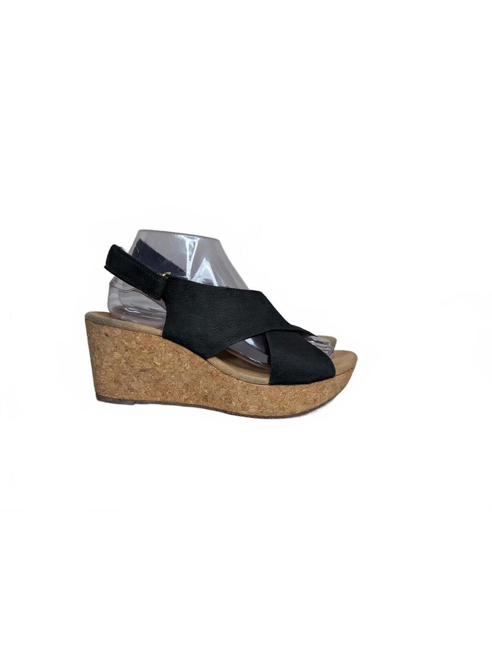 Clarks Women's Annadel Eirwyn Wedge Sandal in Black Nubuck Leather, Size 9